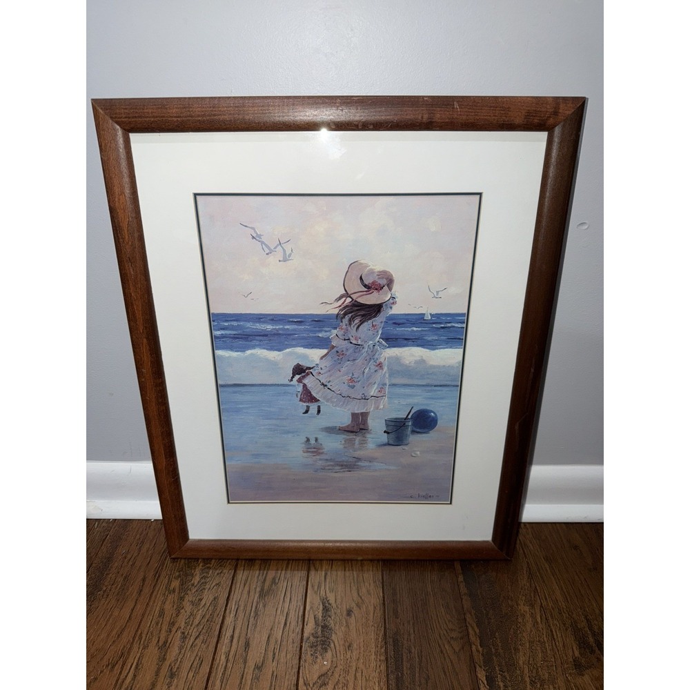 Wood Framed  art print by Christa Kieffer 18"x22"  Girl Day At The Beach